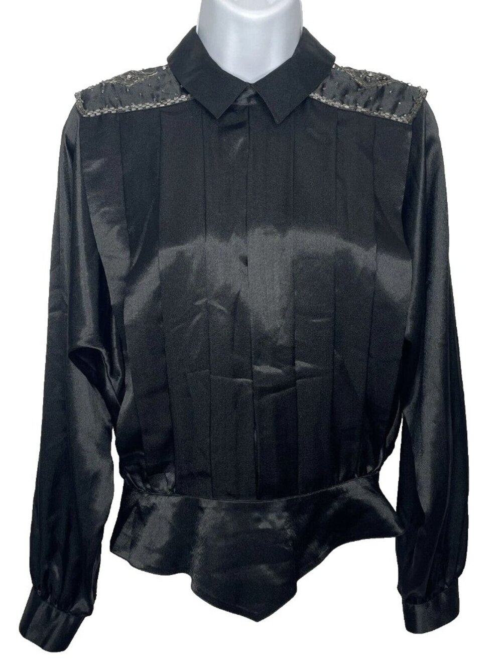 Vintage 80s Axiom Black Satin Peplum Blouse Top Size 6 Pleats Beaded Button Back